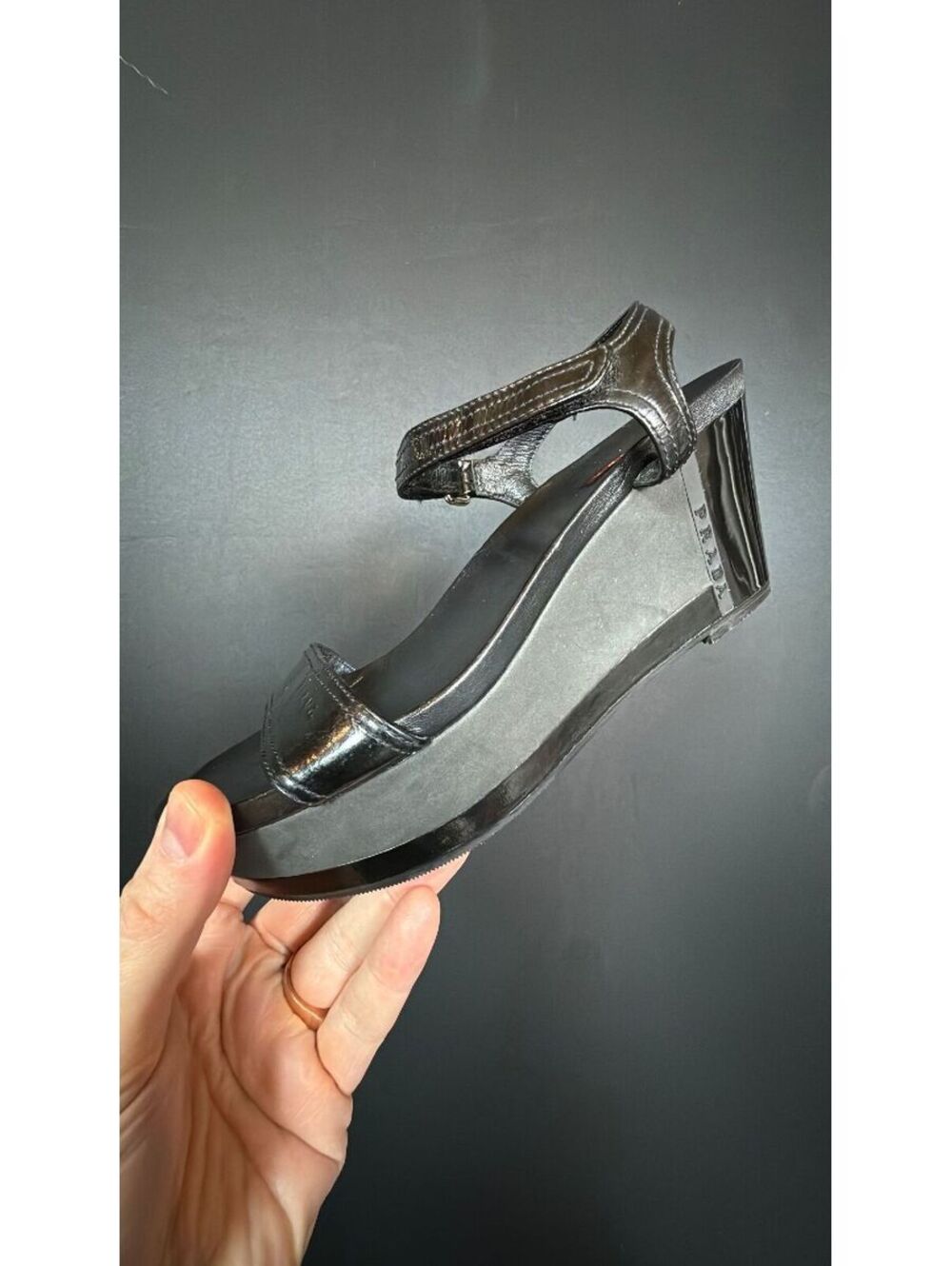 Prada Sport Patent Leather Velcro Platform Wedge Size 38